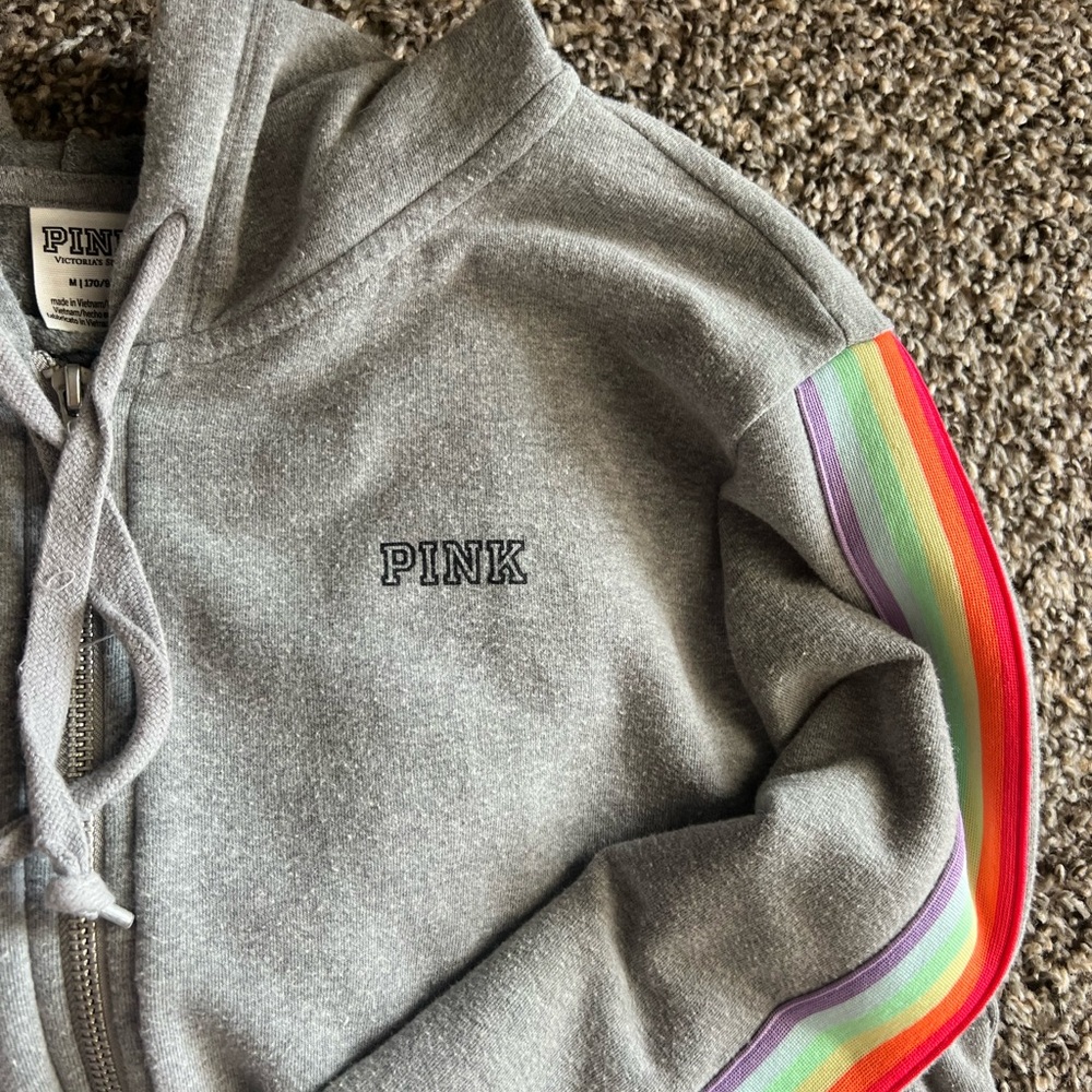 PINK Victoria's Secret Gray Hoodie with Rainbow Stripe